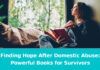 A woman reading domestic violence survivor stories