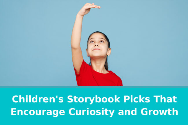 A young girl with a hopeful expression looks up with her hand marking where she will grow in the future.